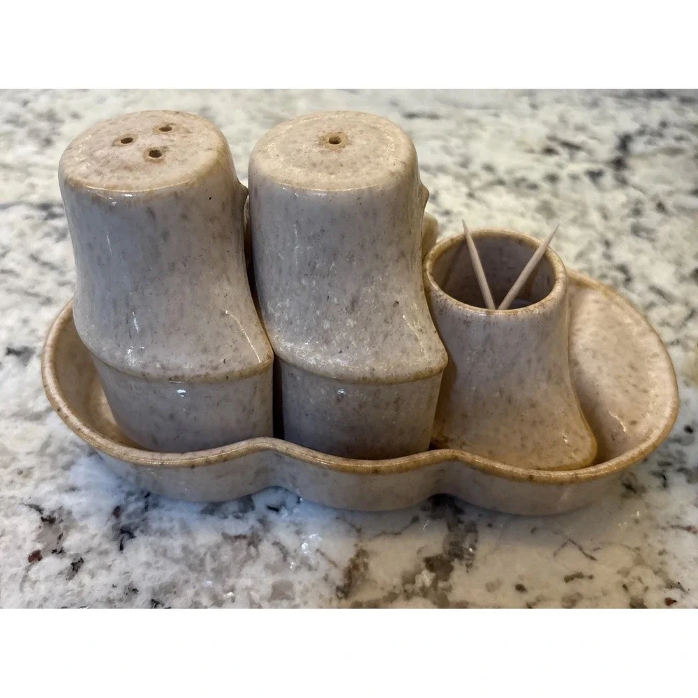 Vintage Israel Salt and Pepper Nurit Pottery Abstract MCM Toothpick Holder Caddy